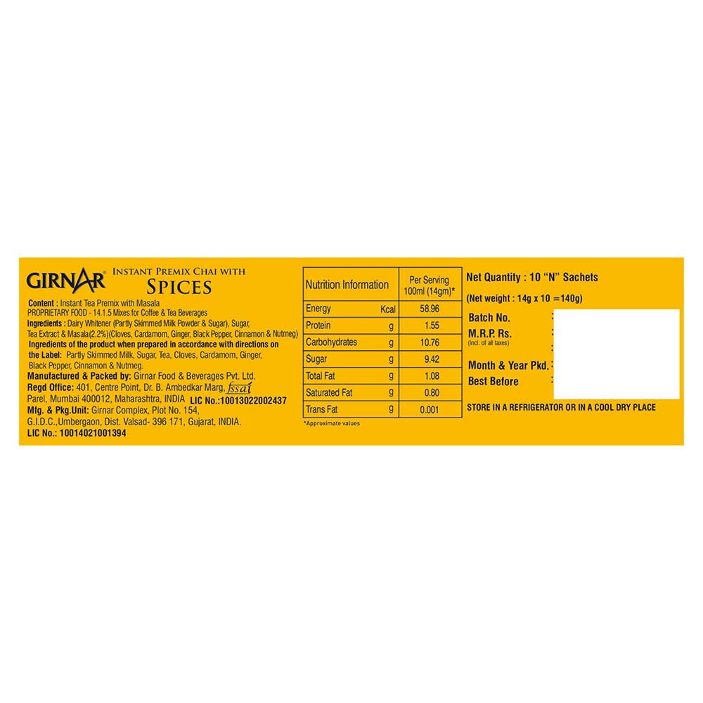 Girnar Masala Chai Instant Premix With Spices - 10 Sachets | Natural Tea Extract & Mixture Of Aromatic Indian Spices - Medium Caffeine Loose Leaf Tea