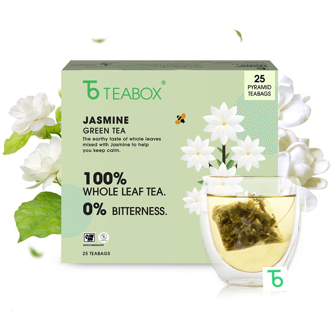 Teabox Jasmine Green Tea - 25 Pyramid Teabags | Made With 100% Whole Leaf - Natural Jasmine Flowers Sourced From Madurai | Low Caffeine, 0% Bitterness