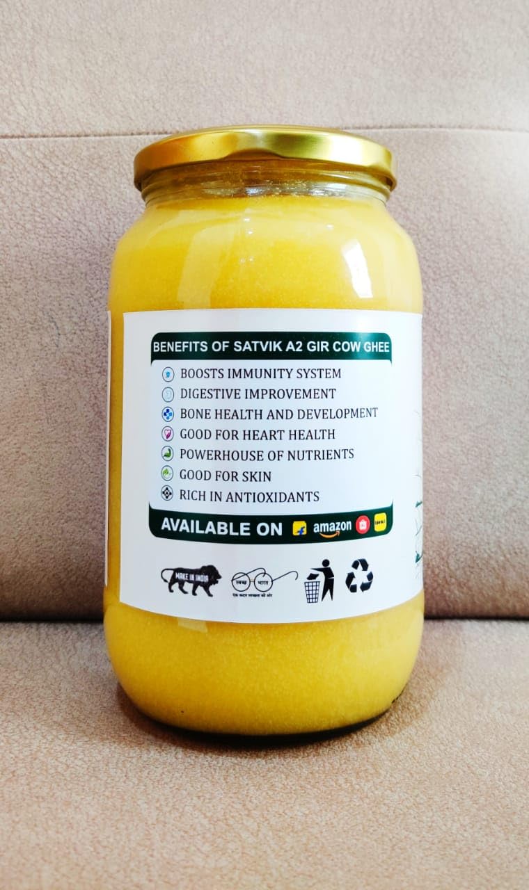 Pure Premium A2 Cow Ghee Desi By Satvik | Nutrient Rich Ghee Made With Traditional Binola Method Good For Eyes | (1 Litre) 33.8 Ounce | Jar Pack