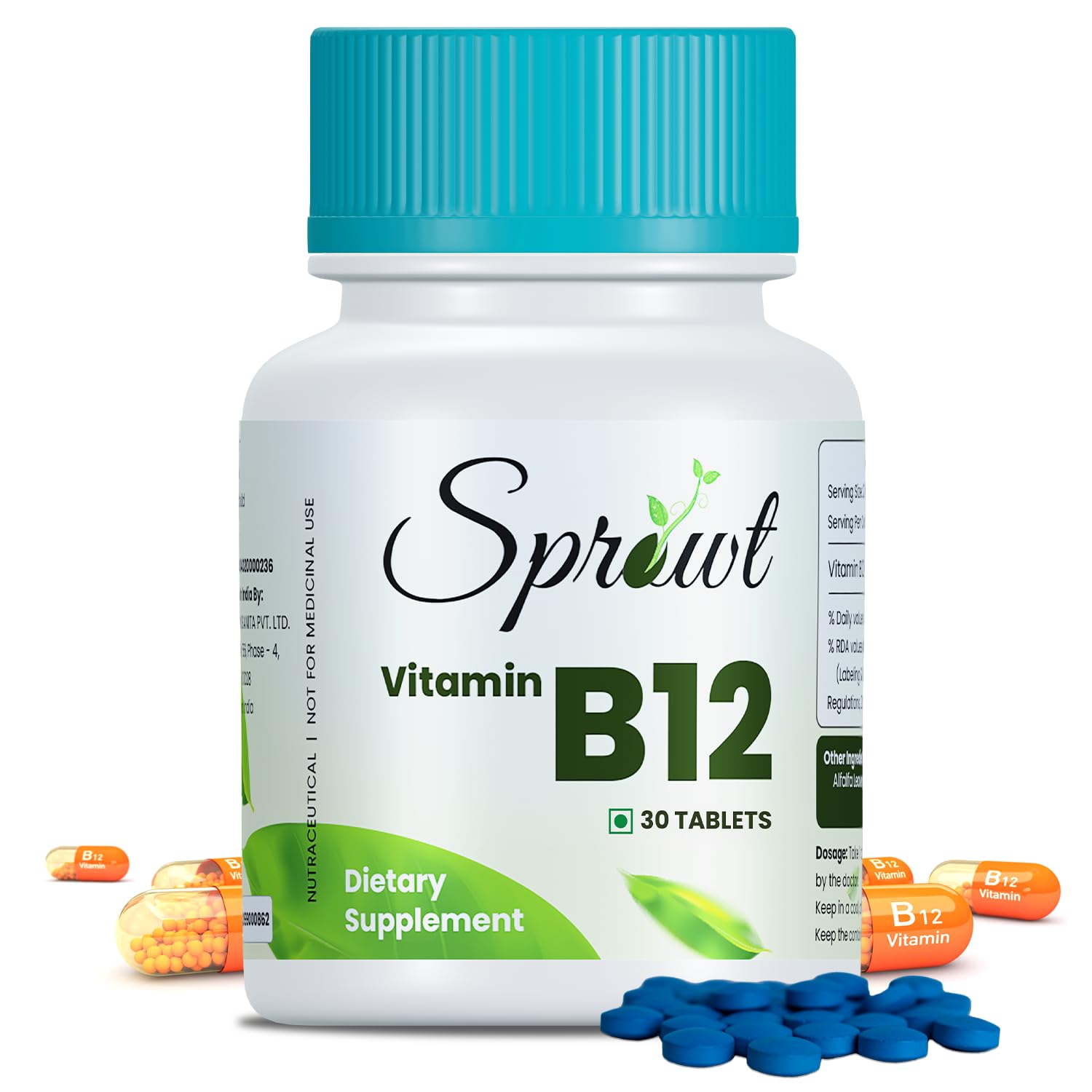 Sprowt Plant Based Methylcobalamin (90%) Vitamin B12 Supplements , Good For Digestion And Nerve Health | 30 Tablets , 50gm 0.1lbs