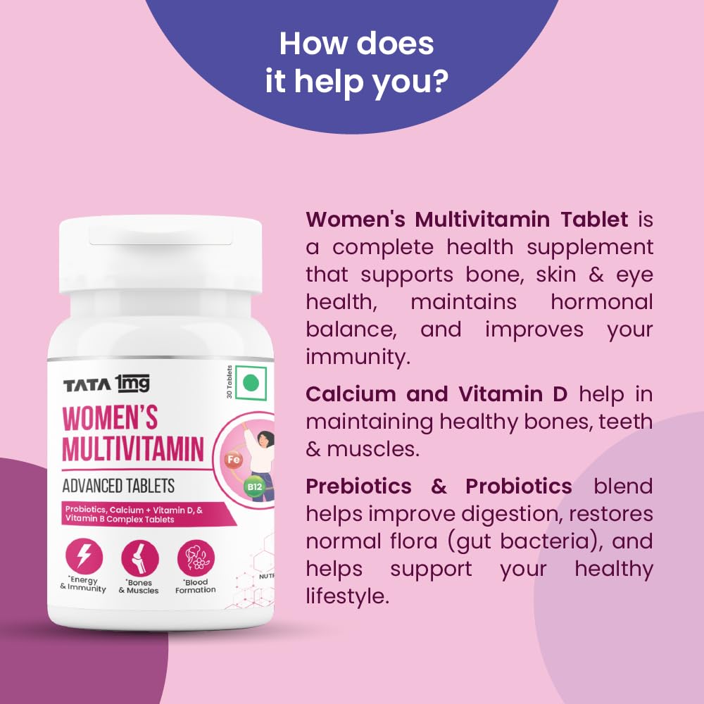 Tata 1mg Womens Multivitamin With Zinc, Vitamin C, D , Calcium & Iron Support Health Protection, Bones & Overall Health | 60 Veg Tablets , 100gm 0.2lbs