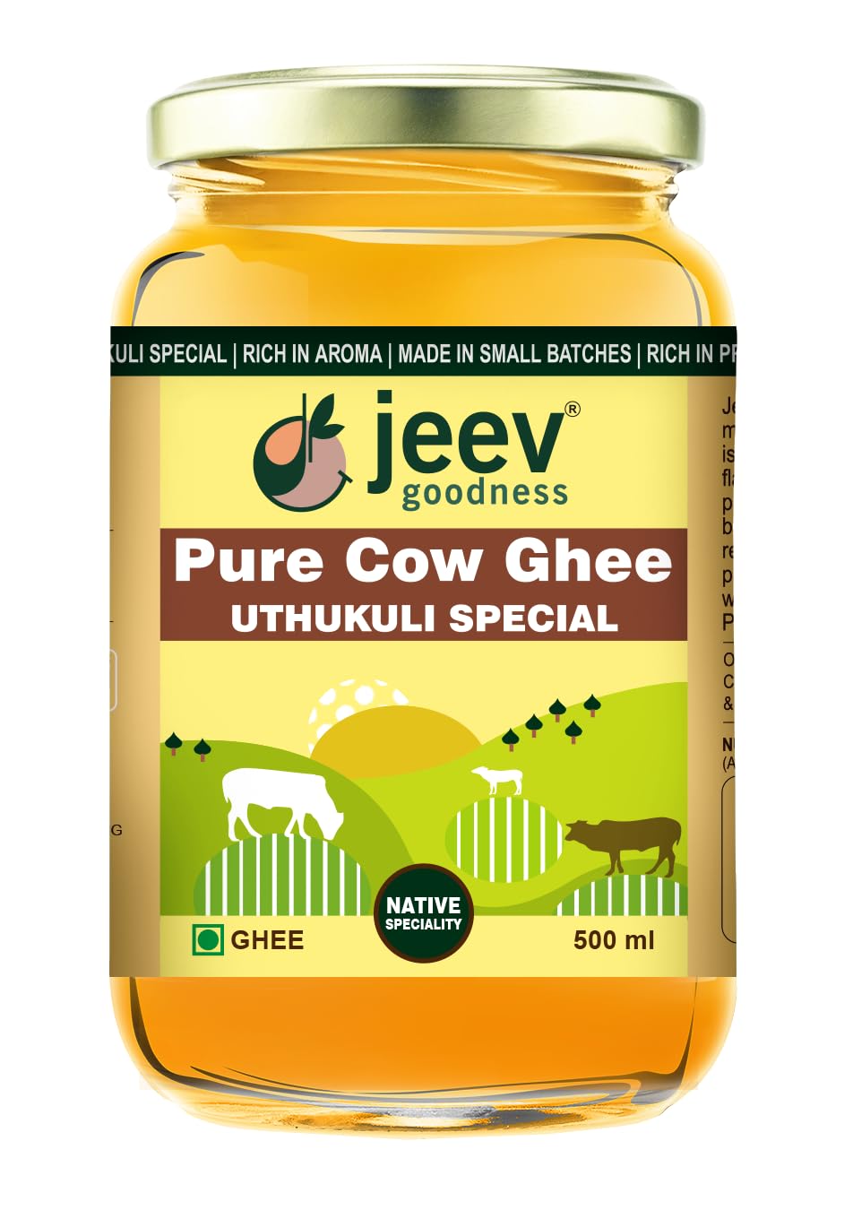 Organic Natural Uthukuli Special Cow Ghee By Jeev Goodness | Natural & Healthy Pure Cow Ghee Good For Body Energy | (500ml) 16.9 Ounce | Jar Pack