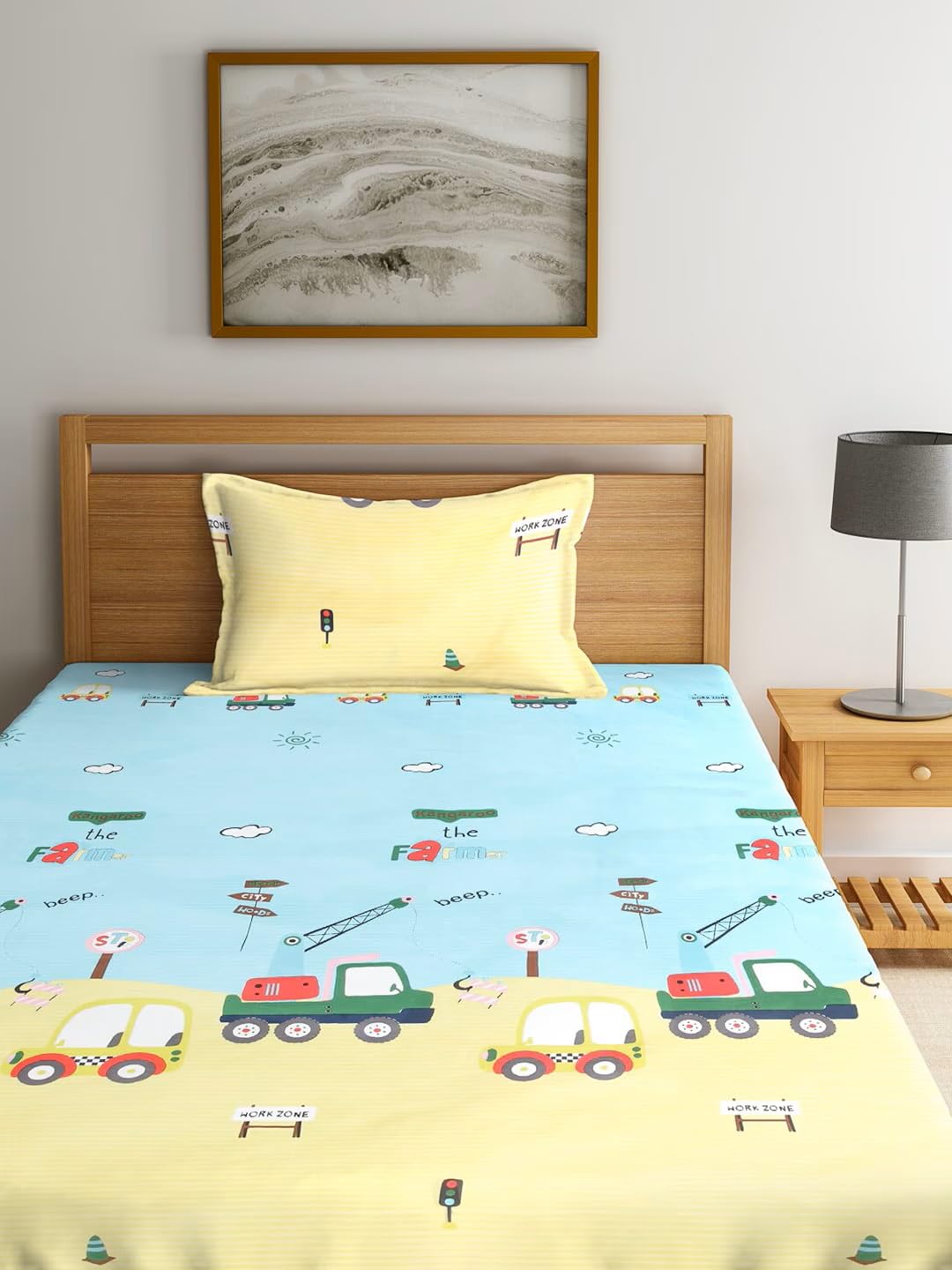 Cartoon Printed Single Bedsheet For Kids With One Pillow Cover - 60 X 90 Inches, Yellow & Sky Blue | 300 Thread Count - Wrinkle Free Soft Perfect For Everyday Use