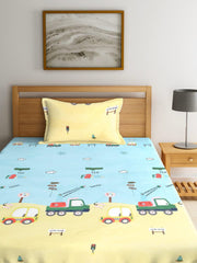 Cartoon Printed Single Bedsheet For Kids With One Pillow Cover - 60 X 90 Inches, Yellow & Sky Blue | 300 Thread Count - Wrinkle Free Soft Perfect For Everyday Use