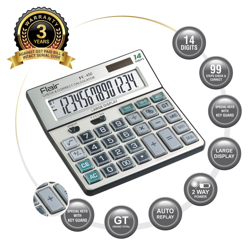 Flair Fc-450 Desktop Series Basic Calculator | 14 Digits Calculator | Special Keys With Key Guard | Best Key Layout | Dual Power With Solar | Auto Replay | 99 Steps Check & Correct | Grey