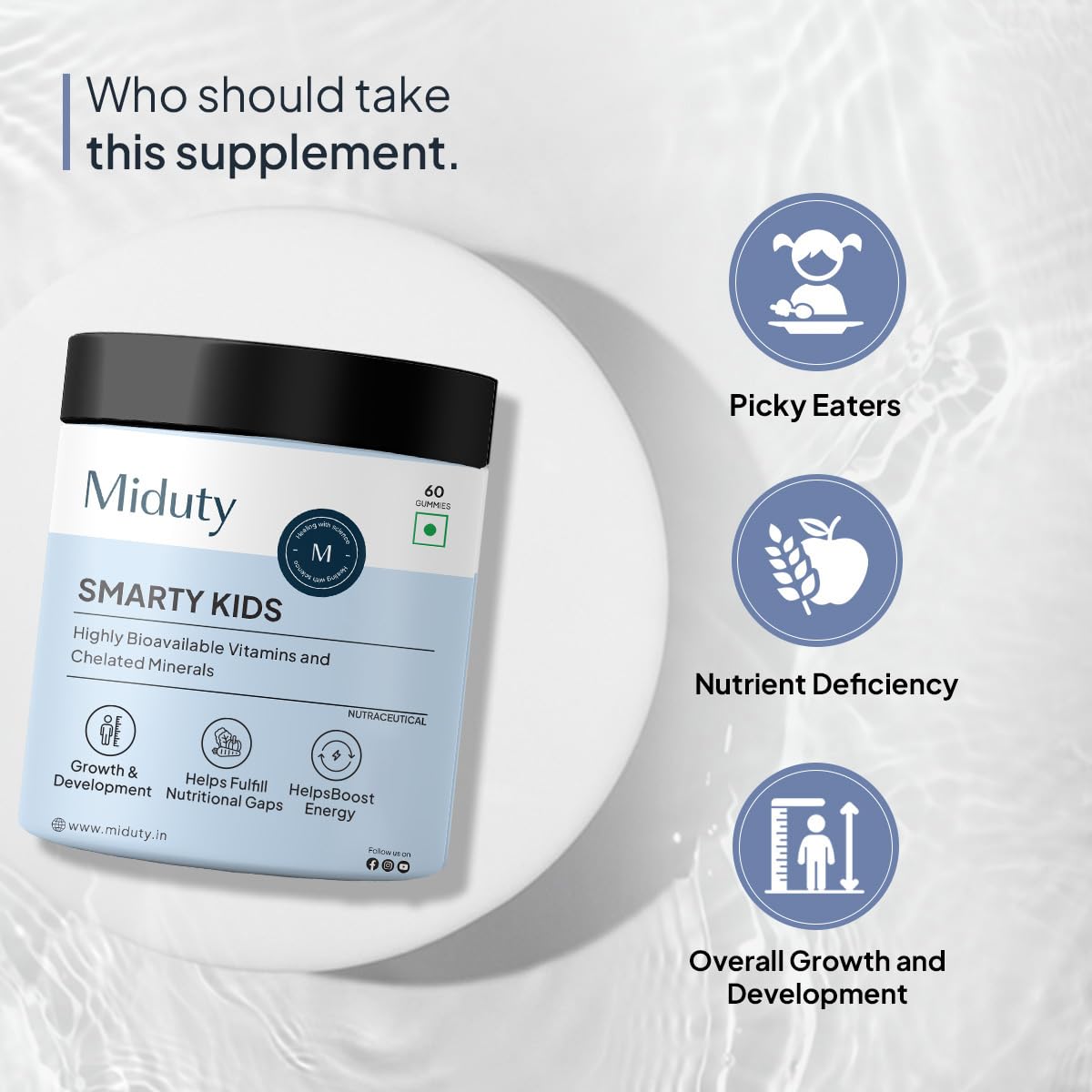 Miduty By Palak Notes Smarty Kids Multivitamin Multimineral, B Complex, Vitamin C, A & Active Immunity For Picky Eaters , No Preservatives, Natural Flavor | 60 Chewable Tablets , 300gm 0.66lbs