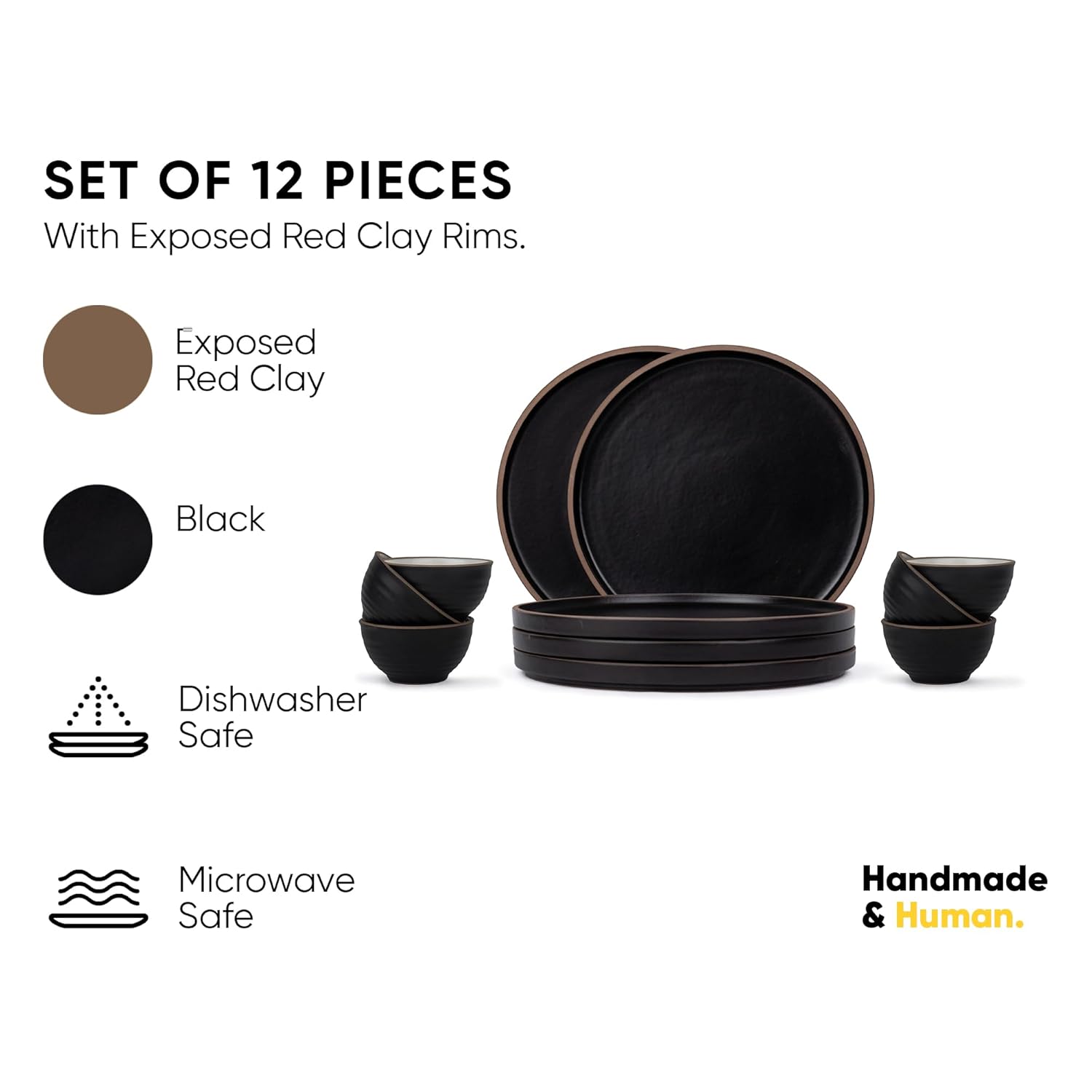 Ceramic Japandi Dinner Set - 12 Pcs, Black | Crockery Set, Ceramic Dinner Set With Matte Finish - Dinner Set Ceramic | 6 Dinner Plates + 6 Veg Small Bowls, 220ml Each