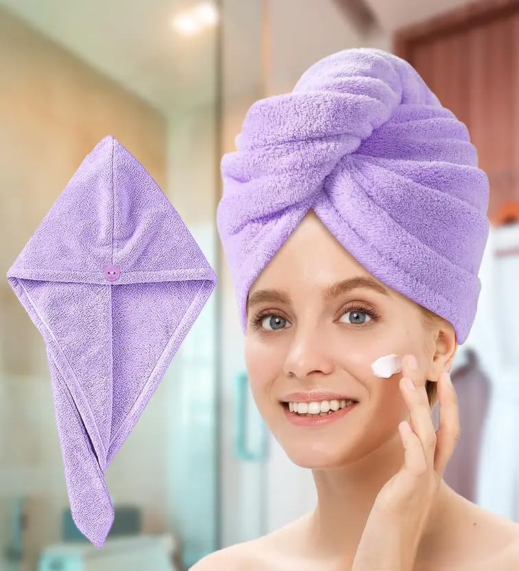 Fezora Hair Towel Wrap For Women (Pack Of 2) | Quick-Dry Microfiber Hair Turban With Elastic Loop | Super Absorbent Hair Drying Towel For Ladies & Girls (Grey & Purple)