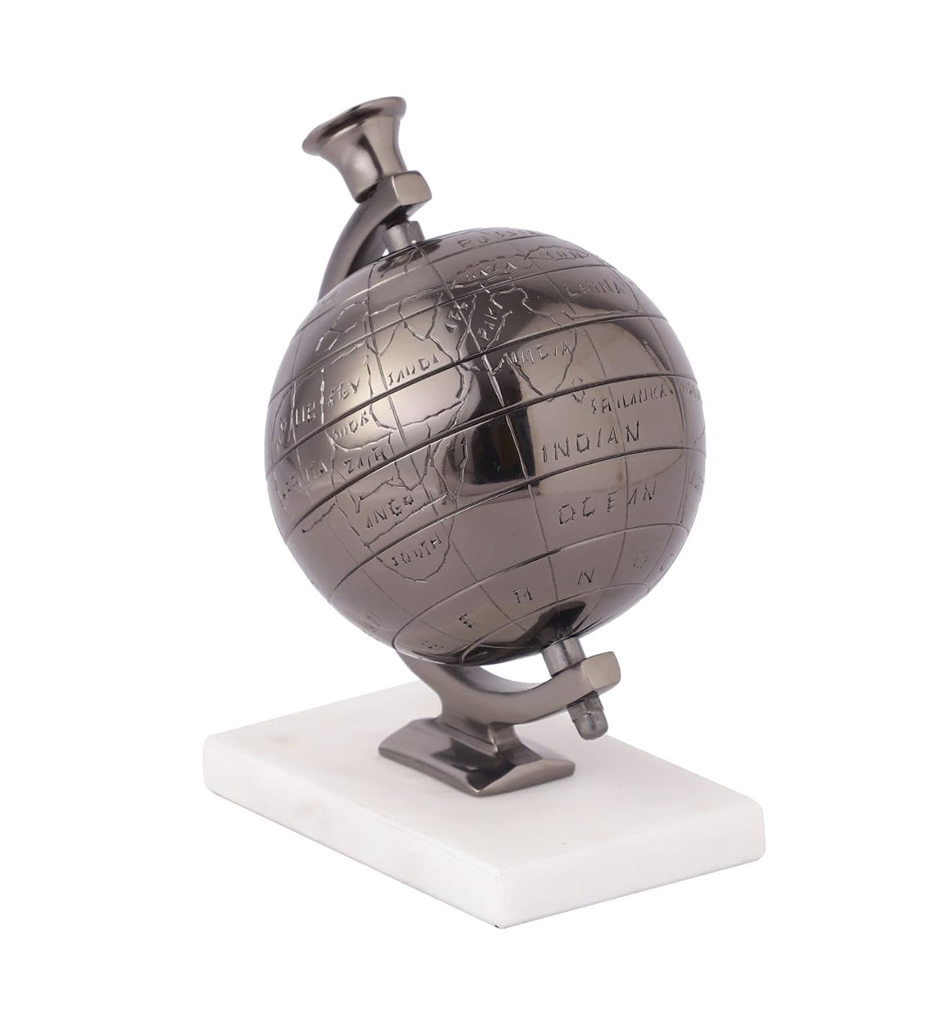 Handcrafted Miniature Metal Earth With White Marble Base, Mini Globe For Home Decor, World Globe, Accessories For Table, Desk, Showpiece | For Office, Shelves & Gifting (Black) Pack Of 1