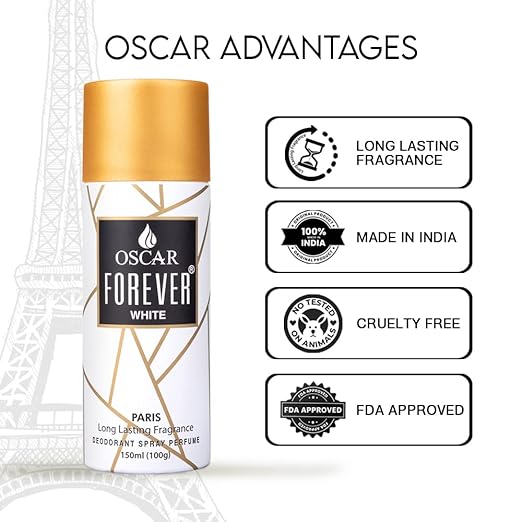 Oscar Forever White Deodorant Spray Perfume | Long Lasting Aromatic Spicy Fragrance | Everyday Body Deodorant Spray | Skin Friendly Deodrant Spray Perfume For Men | 150ml 5 Fl.oz.