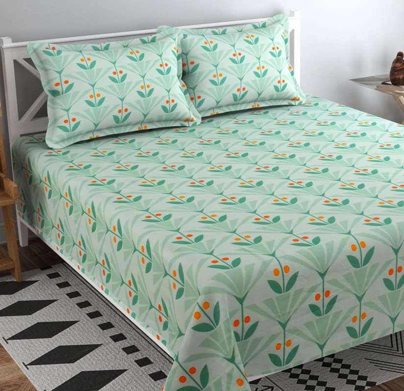 100% Cotton Bedsheet For Double Bed With Two King Size Pillow Covers | 90 X 100 Inches, Light Green | Premium Super Soft Super Cotton Bedsheet