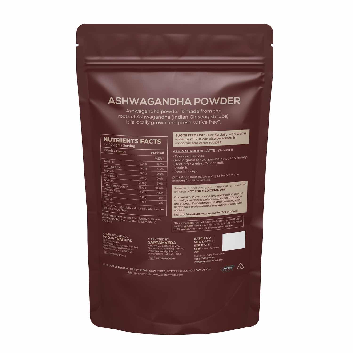 Saptamveda Premium Organic Ashwagandha Roots Powder Withania Somnifera, For Men And Women, Concentrated Extract Ratio Of 5:1. Enhance Your Daily Regimen Effortlessly | 250gm 0.5lbs