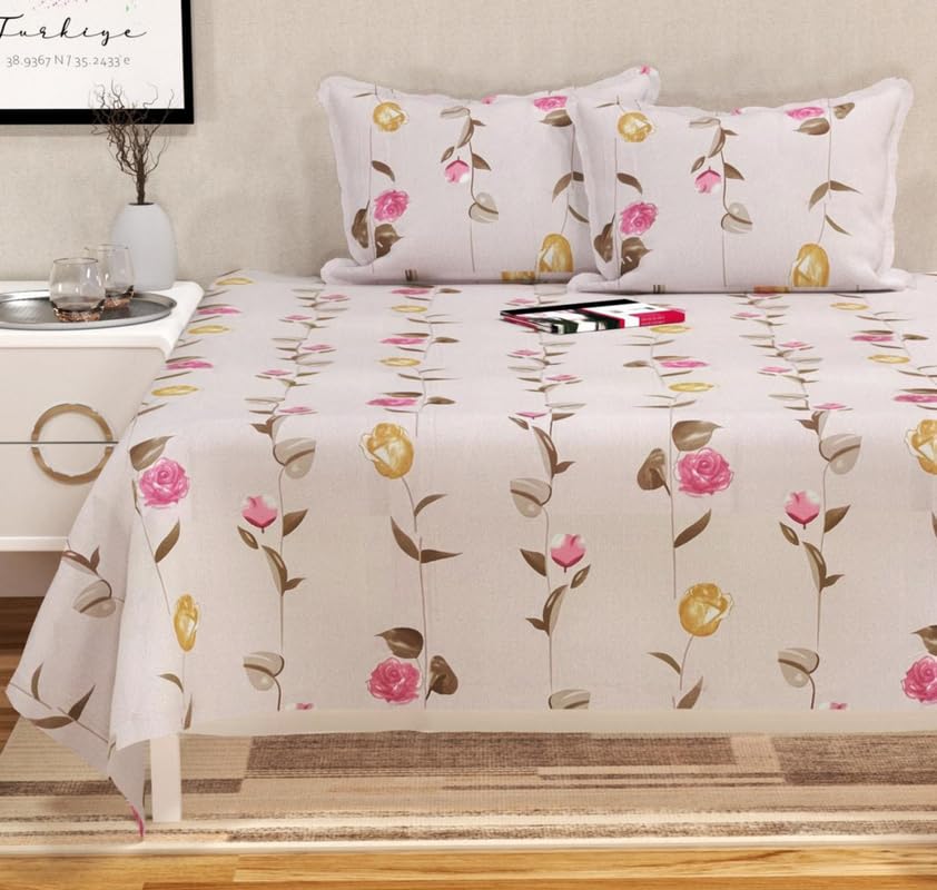 100% Cotton Feel Bedsheets With 2 Large Size Pillow Covers | 90 X 100 Inches, Peach & Pink - Double Bed King Size | Soft & Breathable & Wrinkle Free Premium Printed Design