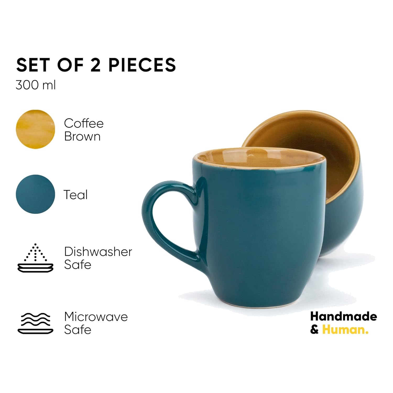 Ceramic Coffee Mug Set Of 2 - 300ml Each, Teal Green | Medium Mug With Glossy Finish - Stoneware Coffee Cup Set | Ceramic Cup - Microwave Safe