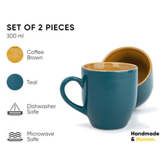 Ceramic Coffee Mug Set Of 2 - 300ml Each, Teal Green | Medium Mug With Glossy Finish - Stoneware Coffee Cup Set | Ceramic Cup - Microwave Safe