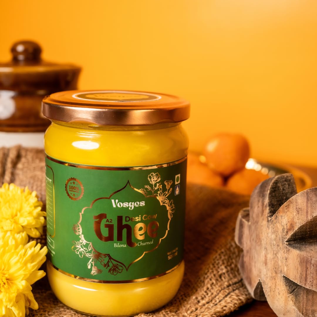 100% Natural A2 Gir Cow Desi Ghee By Vosges | Bilona Method Curd-Churned Pure A2 Desi Ghee For Authentic Taste | (500ml) 16.9 Ounce | Jar Pack