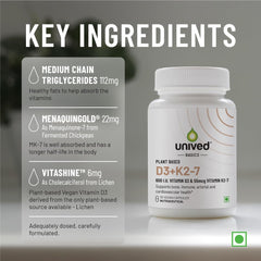 Unived Basics D3 + K2 (Mk-7) | Vegan Vitamin D3 600 Iu & Vitamin K2-7 (Menaquingold) 55mcg | Immunity, Heart, Muscle, & Bone Health | Plant - Based & Natural | 30 Vegan Capsules , 50gm 0.1lbs