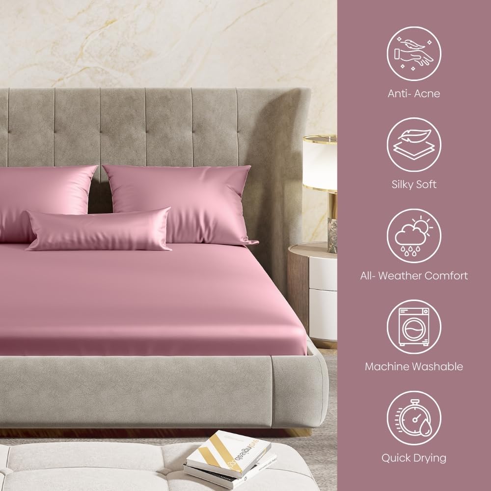 Satin Elastic Fitted Bedsheets For King Size With 2 Pillow Covers - 72 X 78 X 10 Inches, Muted Rose | Elegance & Comfort Redefended | 300 Thread Count