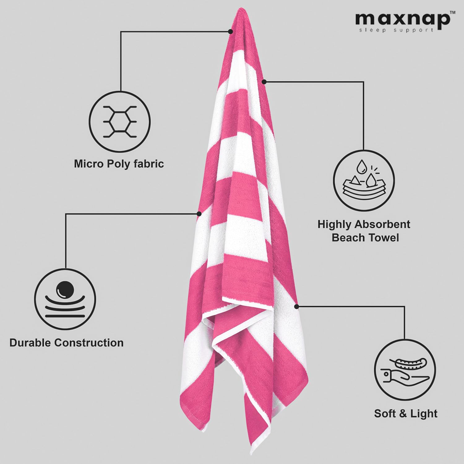 Maxnap Sunstripe Premium Cabana Striped Towel 600 Gsm | 100% Cotton, Soft & Quick-Dry Pool Towels - Set Of 2 (Pink)