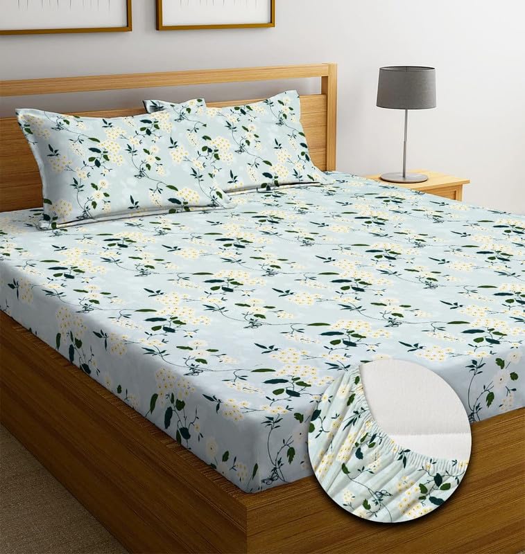 Premium Cotton Elastic Fitted Bedsheets With 2 King Size Pillow Covers - 72 X 78 + 10 Inches, Aqua & Green | Super Soft Brushed Glace | Breathable & Wrinkle Free