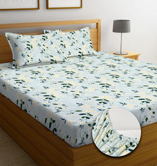 Premium Cotton Elastic Fitted Bedsheets With 2 King Size Pillow Covers - 72 X 78 + 10 Inches, Aqua & Green | Super Soft Brushed Glace | Breathable & Wrinkle Free