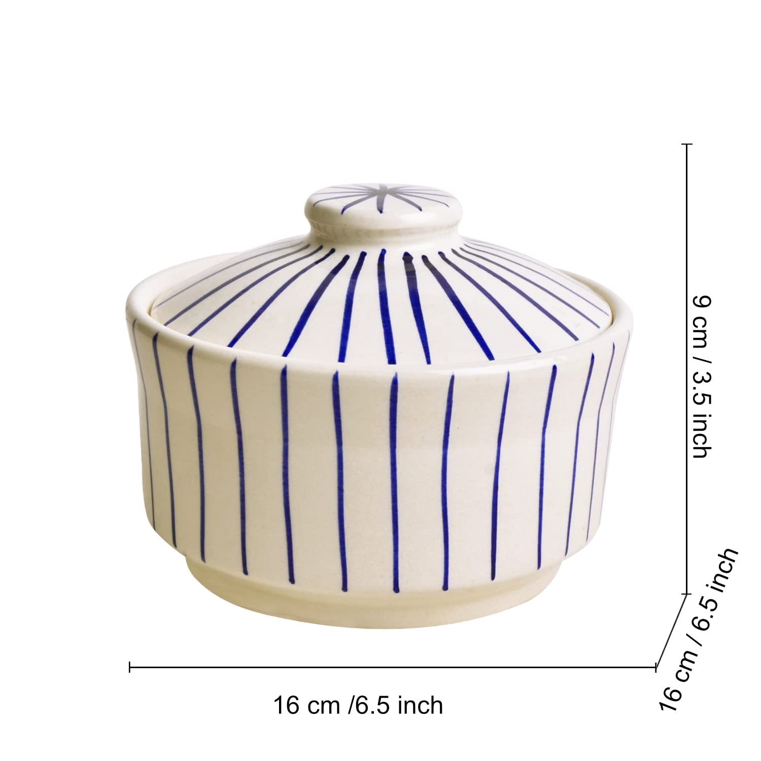 Ceramic Striped Serving Donga With Lid, White & Blue - Diameter 16 Cm, 1000ml | Dinner Serving Bowl - Kitchen Bowl