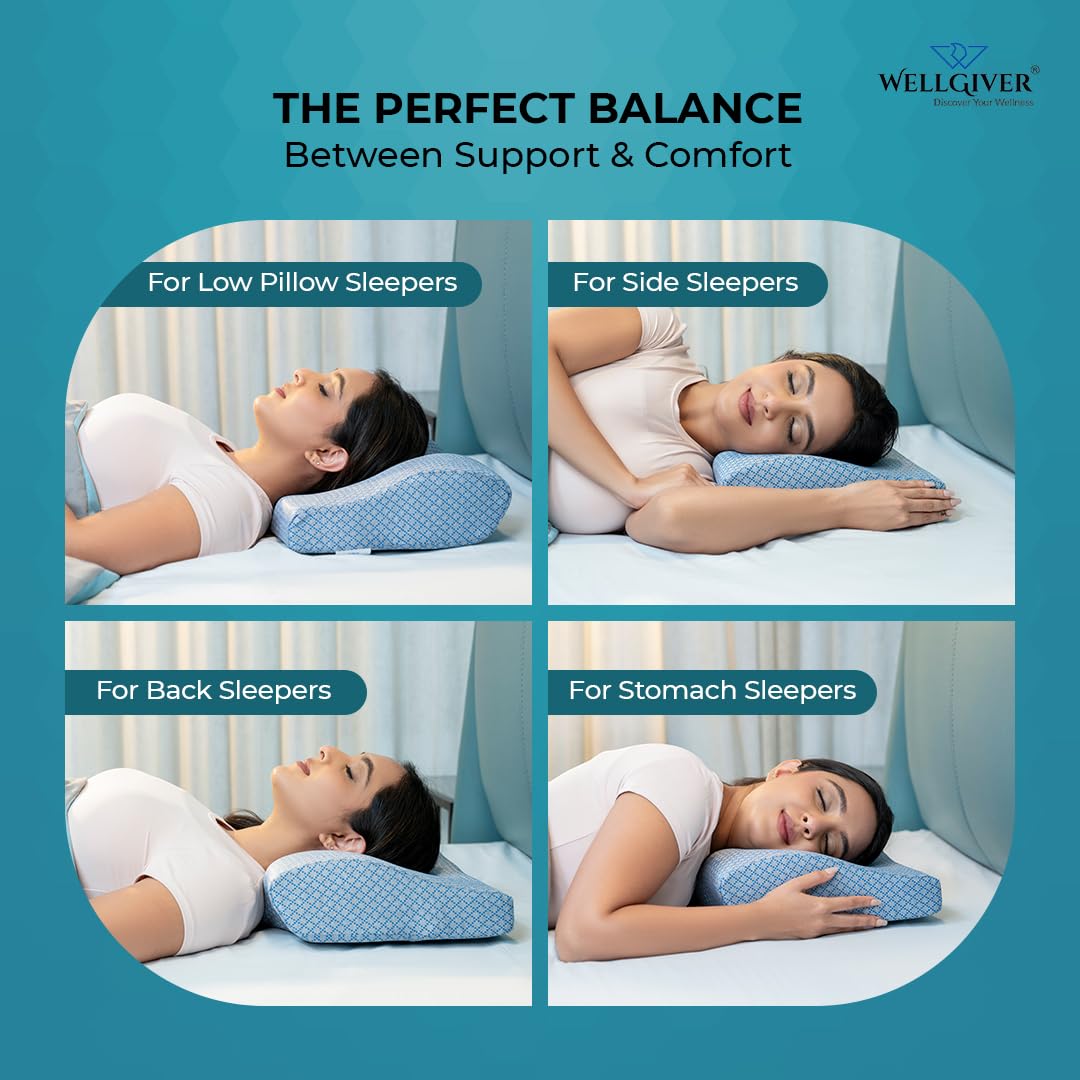 Cervical Memory Foam Pillow For Neck Pain, Standard Size - 19 X 11 X 4 Inch | Orthopedic Pillow Spondylitis Neck & Shoulder, Head Pain | Washable Jacquard Blue Cover - Pack Of 2