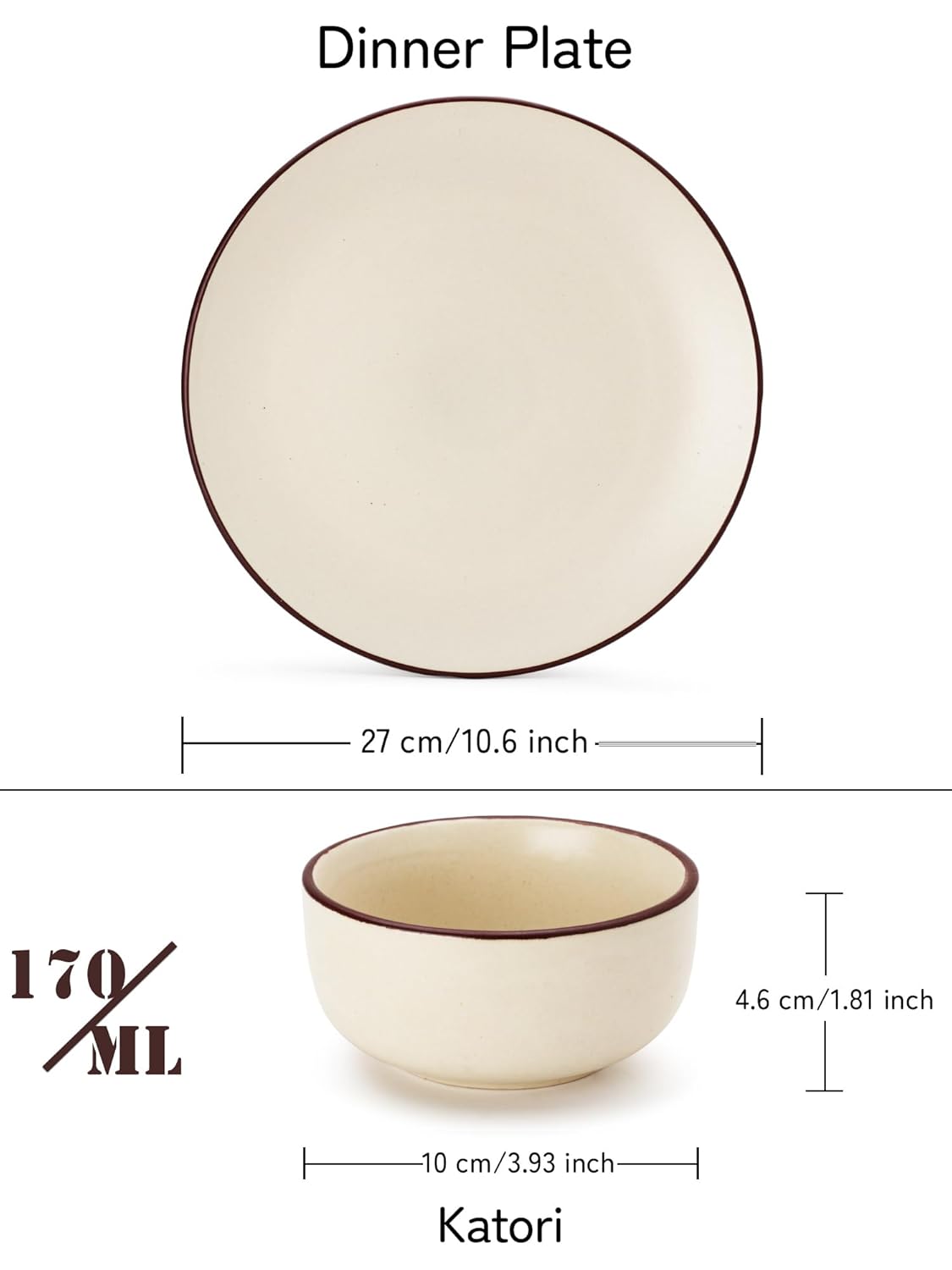 Hand Painted Stoneware Dinner Set Of 4 - Ceramic Pack Of 8 Pcs, Off-White | 4 Dinner Plates + 4 Bowl Or Katori, 170ml Each - Microwave & Dishwasher Safe | Serving For 4