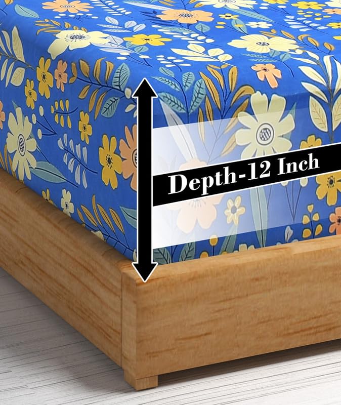 1 King Fitted Bedsheet With 2 King Size Pillow Covers - 78 X 72 +12 Inches, Multicolor | Cotton Elastic Fitted With Deep Pocket 220 TC Wrinkle Free & Breathable Super Soft