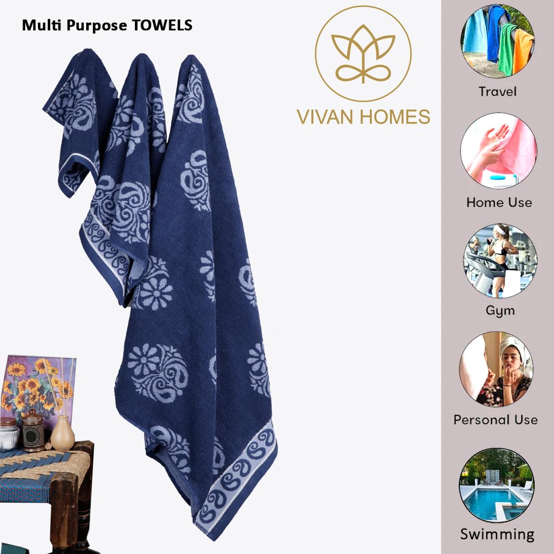Vivan Homes 100% Cotton Bath, Hand & Face Towel 900 Gsm | Soft & Absorbent Ultra Soft & Quick Dry Bath Towels For Men Women Towel Set - Indigo Trio (Set Of 3)
