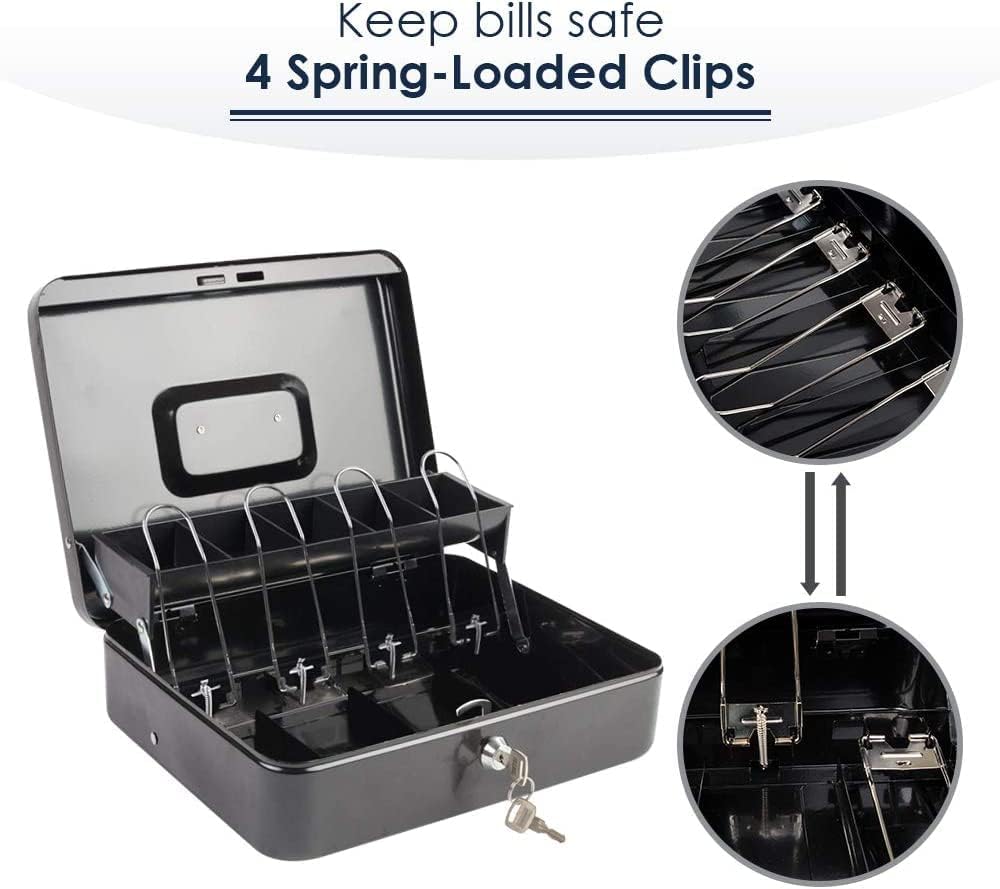 Cash Box With Key Lock & 2 Level Money Tray, Metal Money Box, 4 Note & 5 Coin Slots, Large Size: 30 * 24 * 9cm | 12 Inch With Clip, Colour - Black