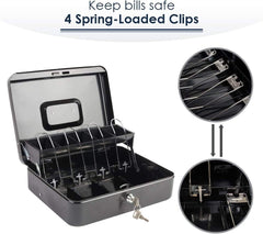 Cash Box With Key Lock & 2 Level Money Tray, Metal Money Box, 4 Note & 5 Coin Slots, Large Size: 30 * 24 * 9cm | 12 Inch With Clip, Colour - Black