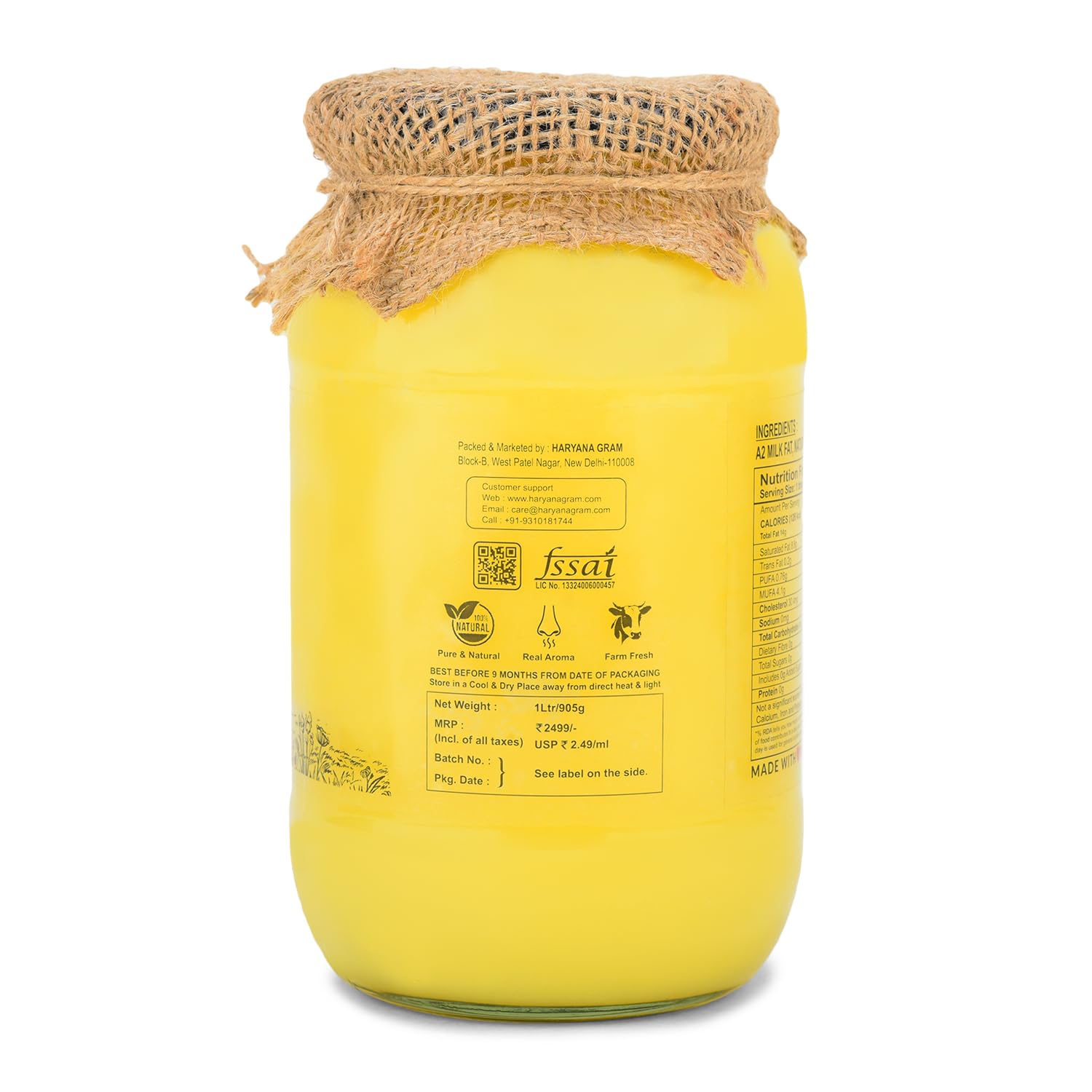 Organic A2 Desi Cow Bilona Ghee With Neem Wood Spoon By Haryana Gram | Rich In Vitamin A, D & Minerals Healthy Desi Ghee Good For Skin Health | (1 Litr) 33.8 Ounce | Jar Pack