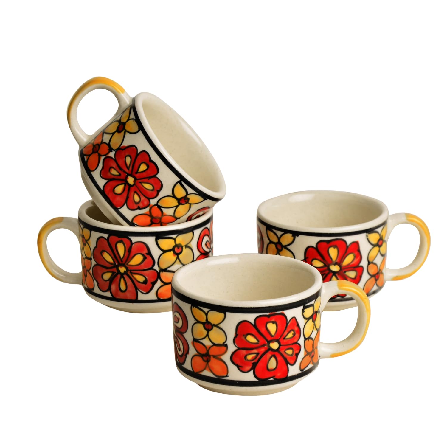 Hand Painted Ceramic Tea Set - 1 Kettle + 4 Cups, Multicolor | Coffee Mugs With Kettle - Tea Cups With Kettle