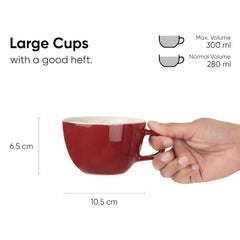 Large Ceramic Coffee Cup Set Of 2 - Burgundy, 300ml Each | Cappuccino Cup With Glossy Finish - Large Ceramic Coffee Cup | Premium Stoneware Coffee Cup - Microwave Safe
