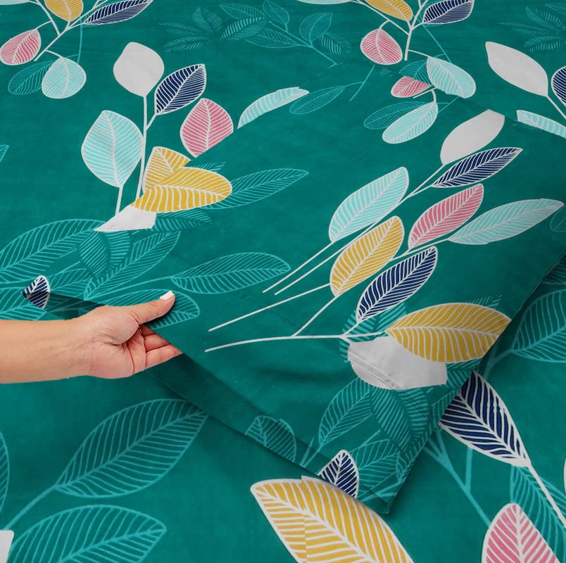 Cotton Elastic Fitted Bedsheets With 2 King Size Pillow Covers | 72x78+10 Inches, Dark Green & White | Double Bed With All Around Elastic Bedsheet