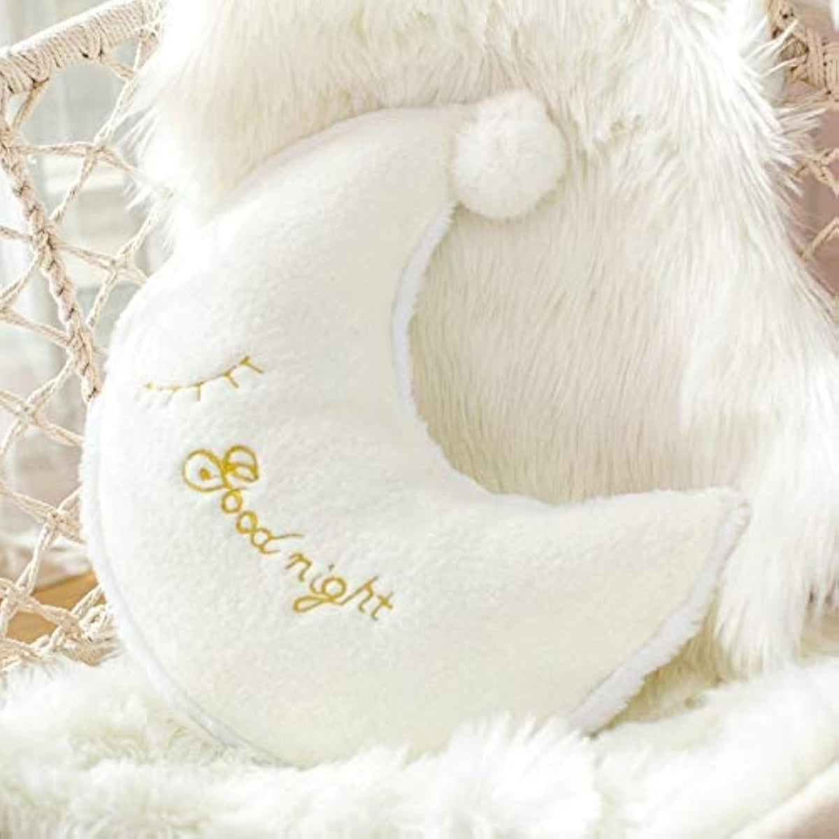 Cute Moon Shaped Pillow, Fluffy Fur Velvet Cushion, White - 16 X 16 Inch | For Kids Room, Living Room, Bedroom, Luxury Furnishing, Throw Pillow | Washable, Soft Pillow - Pack Of 1