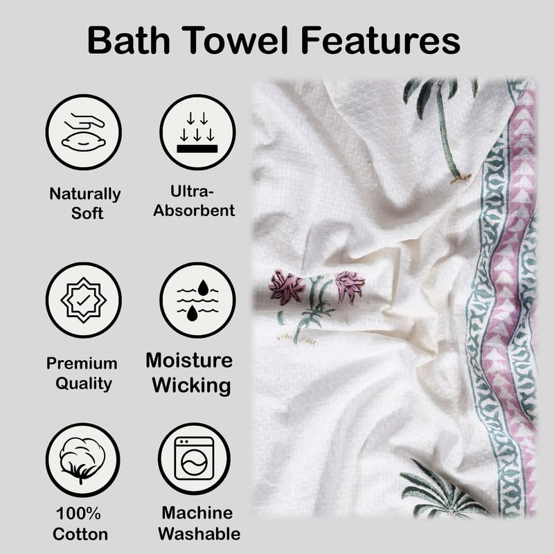 Texstylers 100% Cotton Waffle Weave Bath Towel 600 Gsm | Soft, Quick Dry, Lightweight & Absorbent Large Size Spa Towel For Bathroom, Gym, Travel (Pink Floral) -Pack Of 2