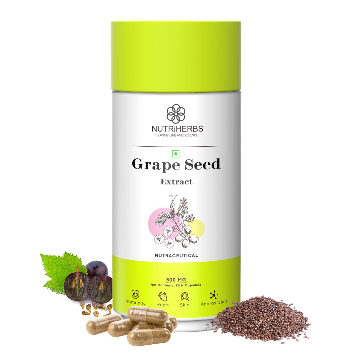 Nutriherbs Organic Grape Seed Extract Capsules 500mg, Potent Antioxidant Supplement For Skin & Hair Health, Anti - Aging Support & Immune Boost | 90 Vegan Capsules 150gm 0.3lbs