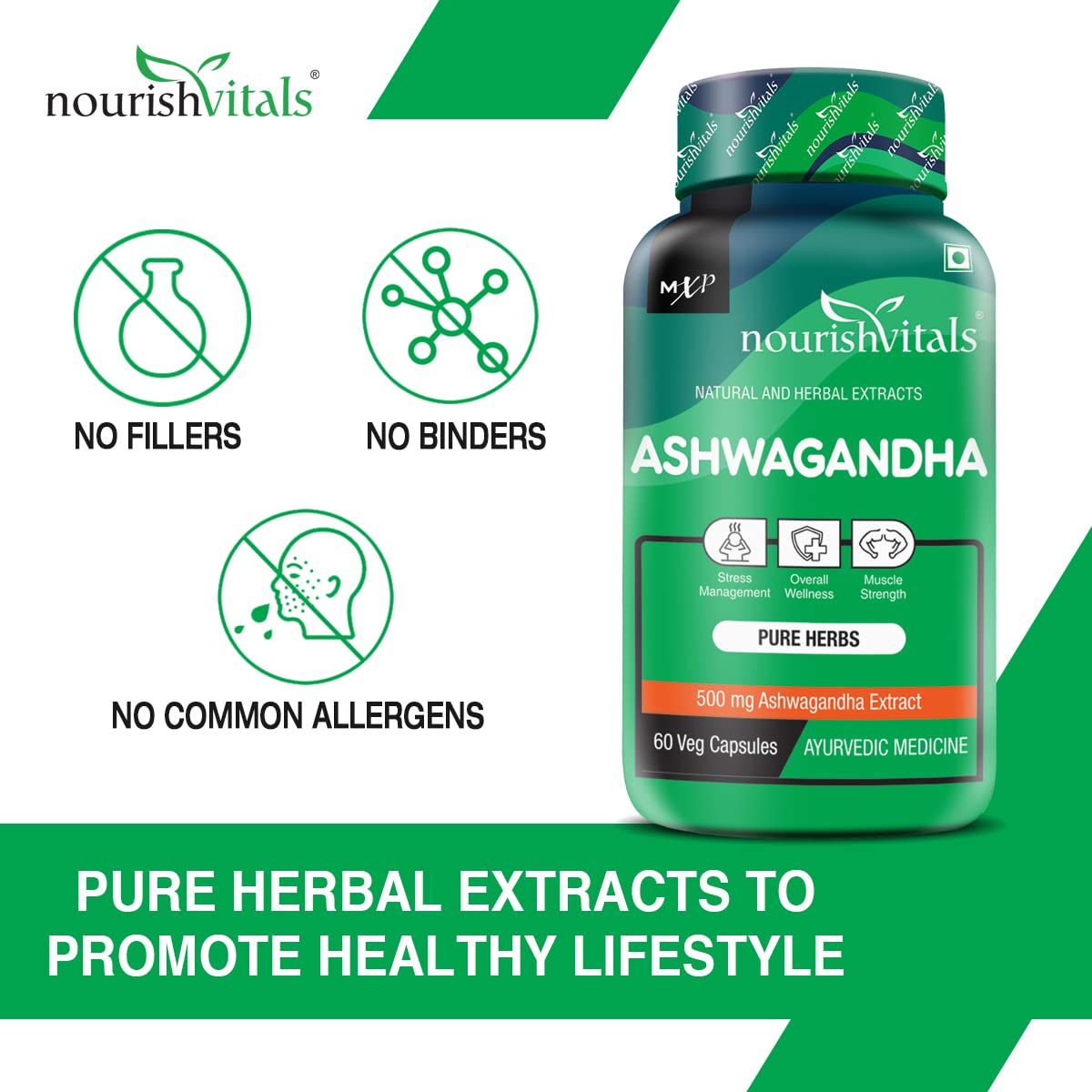 Nourishvitals Ashwagandha Pure Herbs, 500mg Ashwagandha Extract, Boosts Overall Wellness & Supports Enhanced Muscle Strength | 60 Veg Capsules 100gm 0.2lbs Each Pack Of 3