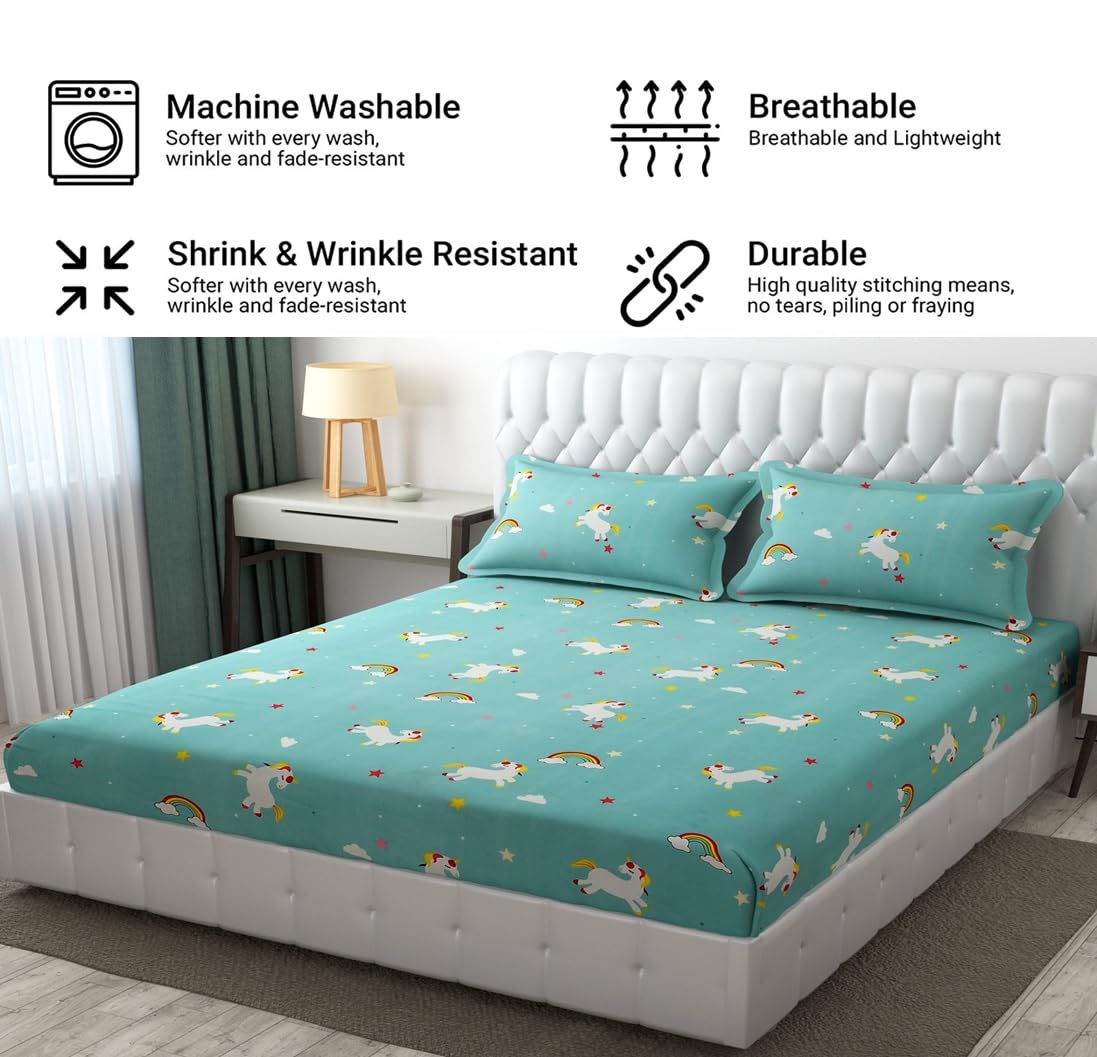 Wrinkle Free Soft Kids Double Bedsheets For King Size With 2 Pillow Cover | 90 X 95 Inches, Sky Blue | Cartoon Printed Design | Child Bedroom Decor