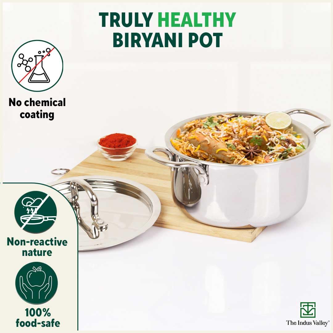 Triply Stainless Steel Stock Pot Or Casserole With Steel Lid | Very Small, 20cm, 7.8 Inch, 2.1 Liters, 1.3 Kg - Induction Friendly, Nonstick 3-Layer Body, 100% Pure & Toxin-Free