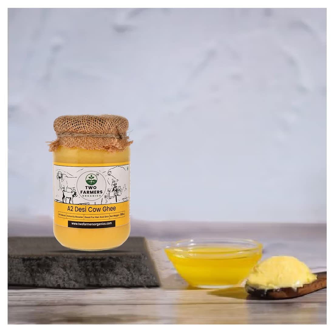 Pure Natural A2 Desi Cow Ghee By Two Farmers Organics | Rich In Vitamins A, E Healthy Desi Cow Ghee For Improves Digestion | (1Litr) 33.8 Ounce | Jar Pack