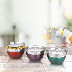 Stainless Steel Serving Bowl With Stainless Steel Lid Set Of 3 Pieces, Silver Multicolor | 650ml Each, Dishwasher Safe