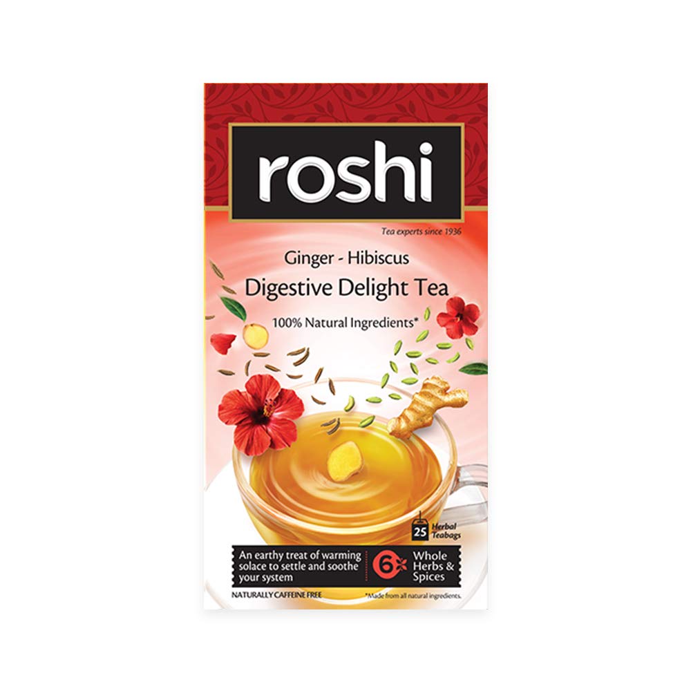 Roshi Ginger Hibiscus Digestive Delight Tea - 25 Teabags | Goodness Of Ginger, Saunf & Ajwain - Prevents Indigestion, Gas & Bloating | Caffeine Free - 100% Natural Ingredients