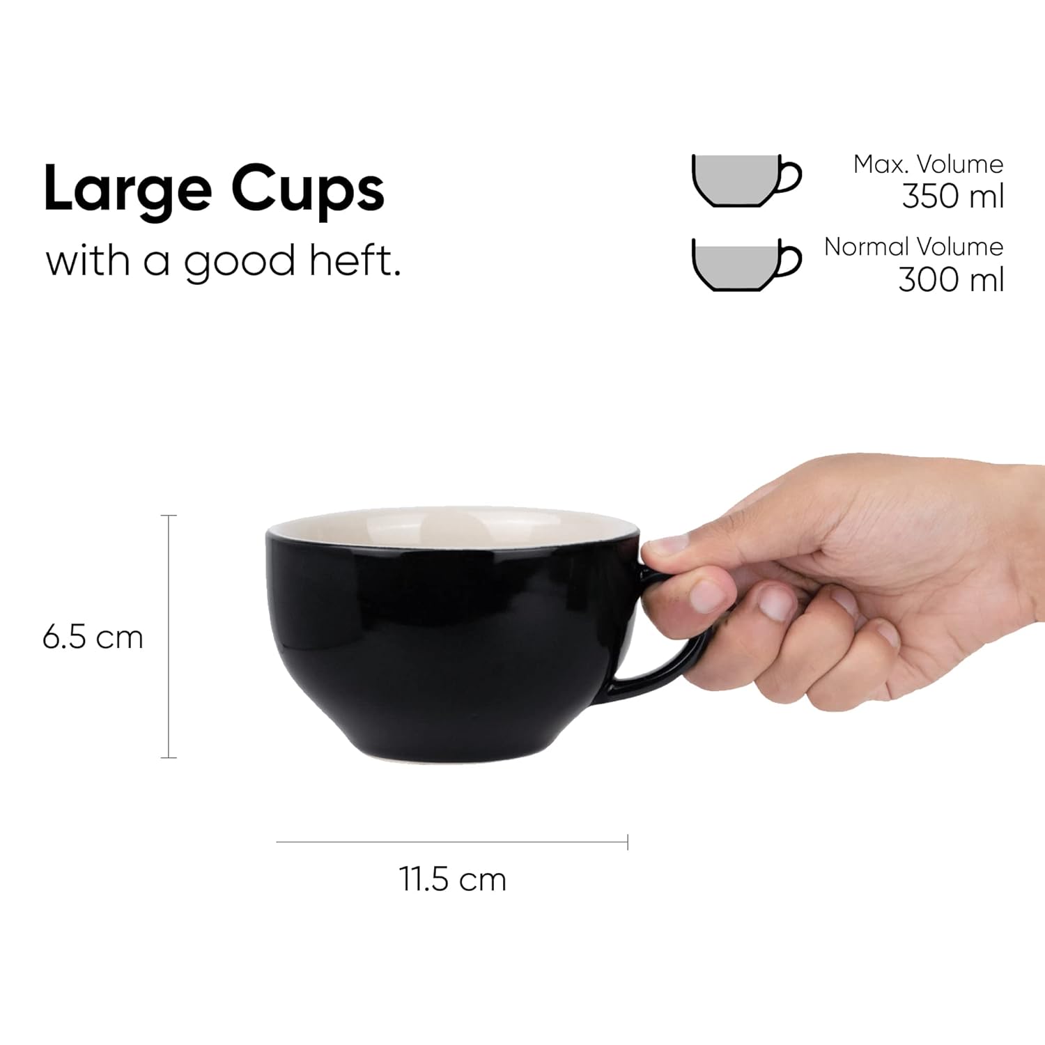 Large Ceramic Coffee Cup Set Of 2 - Black, 350ml Each | Cappuccino Cup With Glossy Finish - Large Ceramic Coffee Cup | Premium Stoneware Coffee Cup - Microwave Safe, XL Cuppa