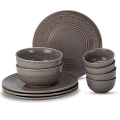 Handcrafted Ceramic Dinner Set Of 10 Pcs With Serving Bowls Set - Ash Grey | 4 Dinner Plates + 4 Small Dinner Bowl, 180ml Each + 2 Serving Bowl, 1000ml Each | Dishwasher Safe - Serving For 4