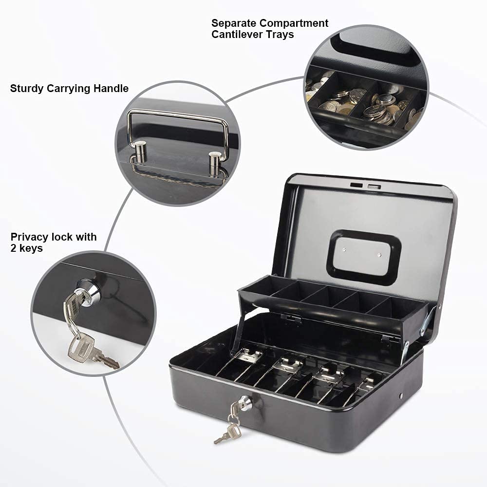 Cash Box With Key Lock & 2 Level Money Tray, Metal Money Box Large Size: 30 * 24 * 9cm (Gc-302) Colour - Black, Material - Metal