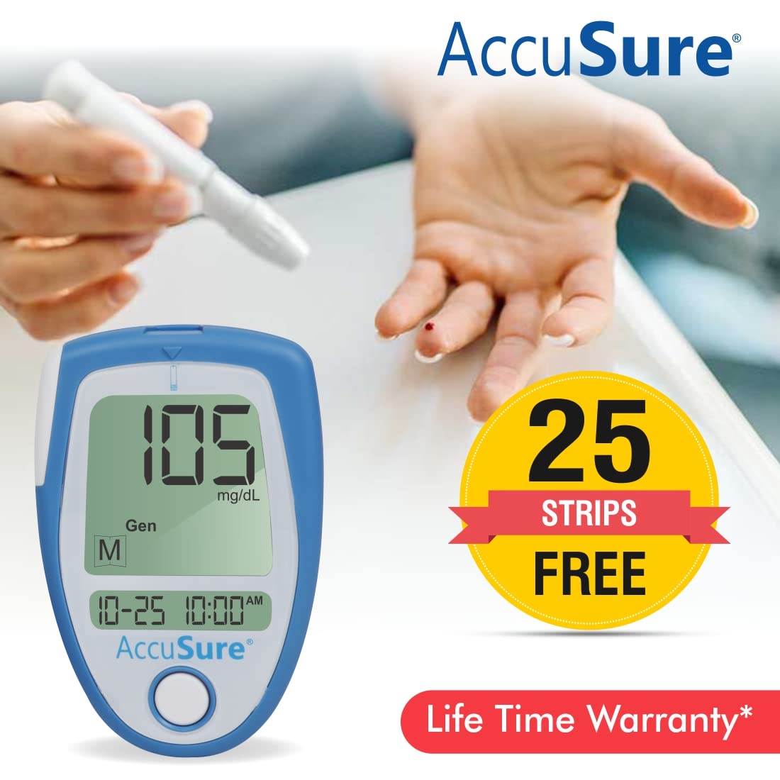 AccuSure Blood Glucose Monitoring System + Test Strips - 25 Strips, Multi Color