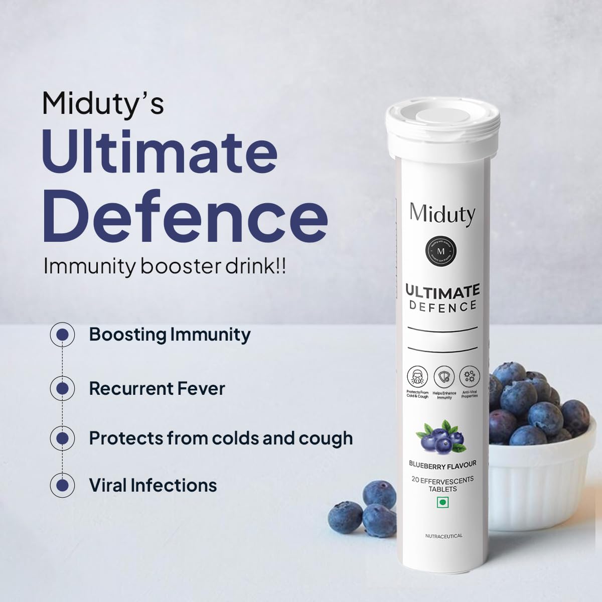 Miduty By Palak Notes Ultimate Defence, Amla Extract , Vitamin C , Wheatgrass , Immune Support Booster | Blueberry Flavour - 20 Effervescent Tablets , 50gm 0.1lbs
